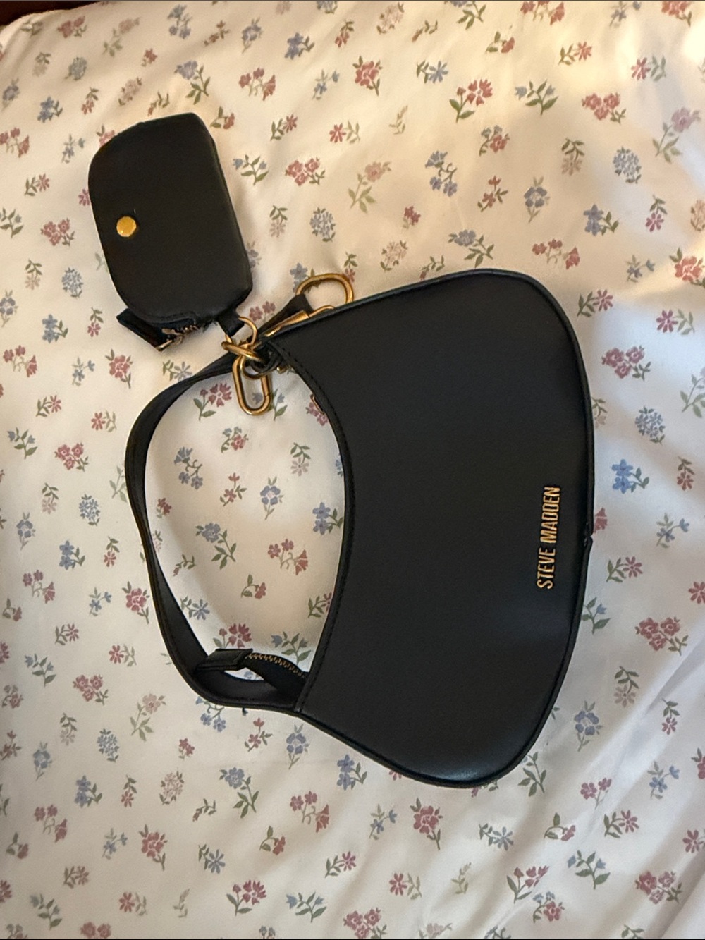 Steve Madden Black Crescent Shoulder Bag with Gold Hardware and Coin Pouch
